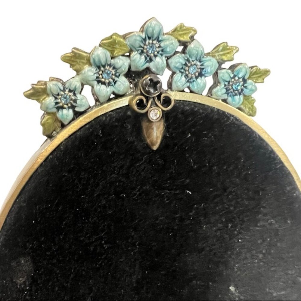 Vintage Brass Oval Vanity Makeup Desk Mirror, Enameled Metal Jeweled Tabletop - Picture 5 of 14